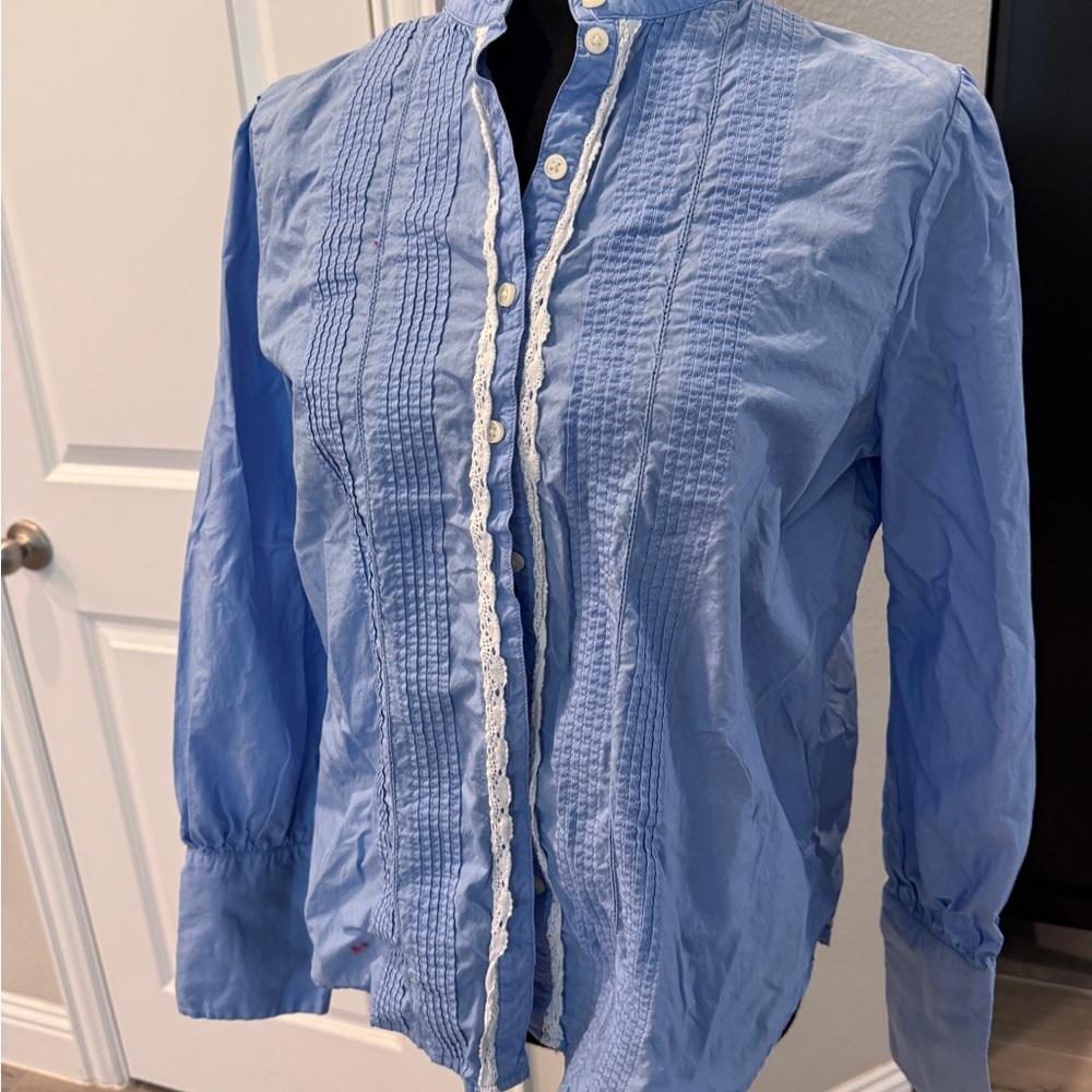 Blue Button-Up Blouse with Lace Trim